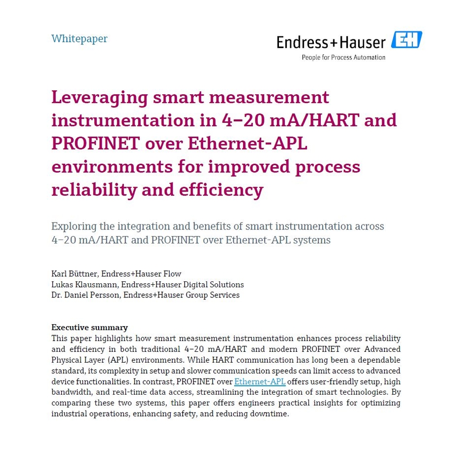 Uso de instrumentación de medición inteligente en sistemas 4–20 mA/HART y PROFINET con tecnología Ethernet-APL
