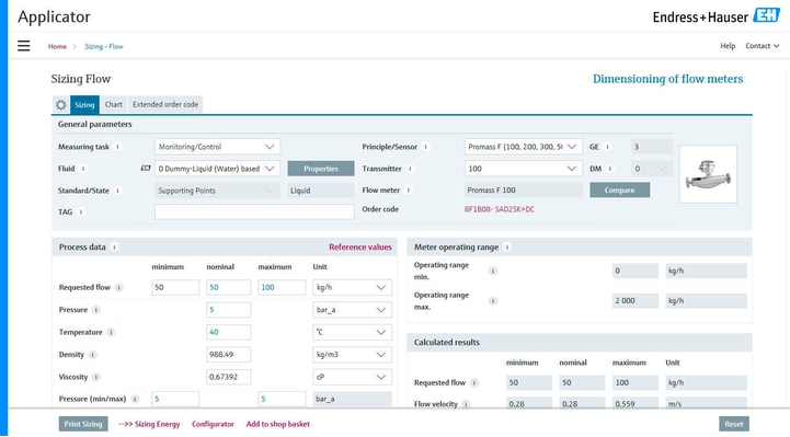 Con los datos de proceso de su software de ingeniería dimensionamos los instrumentos para sus procesos químicos. Captura de pantalla de Applicator para dimensionado.