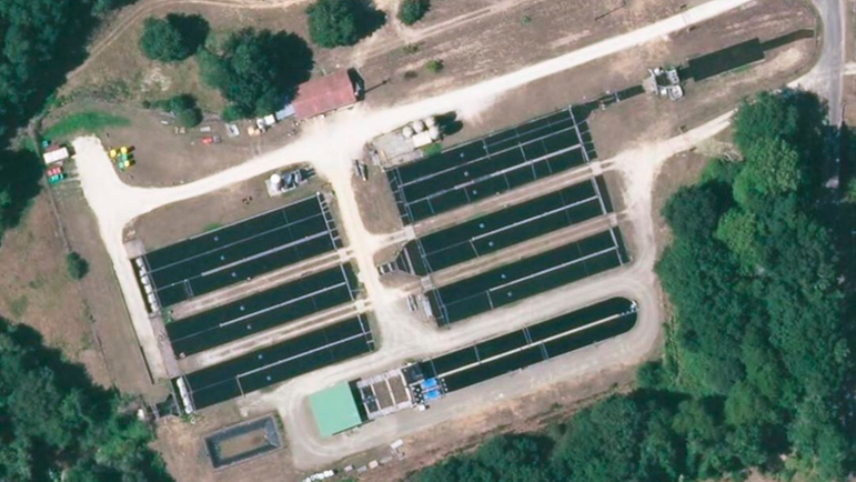 Vista aérea de una piscifactoría de circuito abierto con recirculación del agua