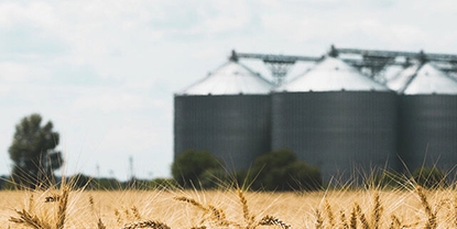 Una planta con múltiples silos para el almacenamiento de alimentos, por ejemplo granos