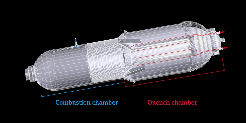 Gasifier illustration with combustion and quench chamber
